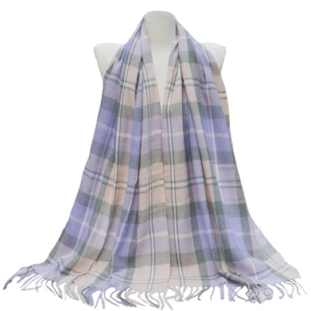Winter Knit, Long Purple Plaid Scarf With Fringe New